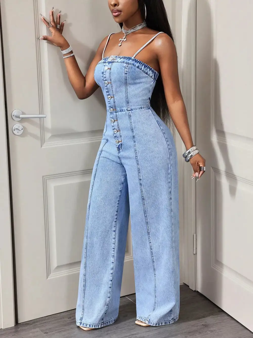 Button Down Wide Leg Jumpsuit Denim Pants