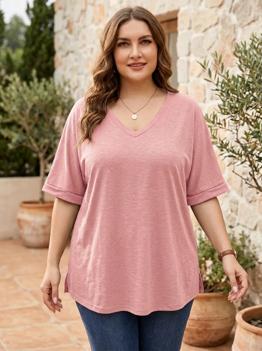 Women's Plus Size Olive Green Solid Color Casual V-Neck T-Shirt