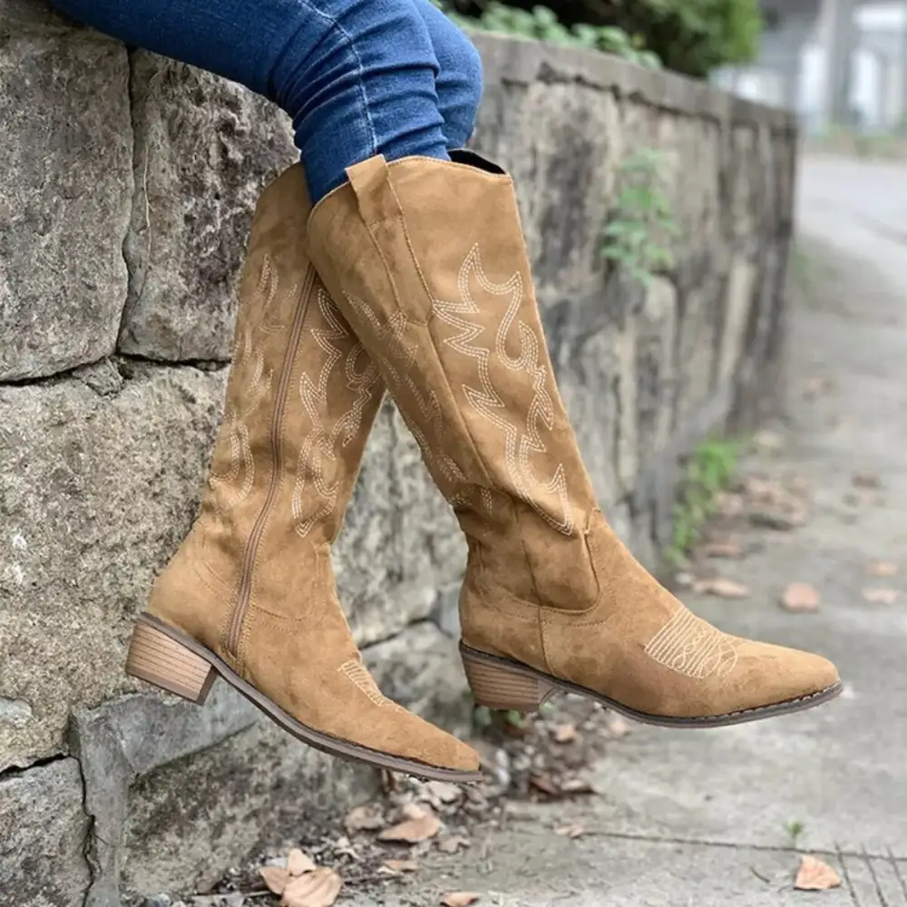 Smocked Point Toe Block Heels Boots