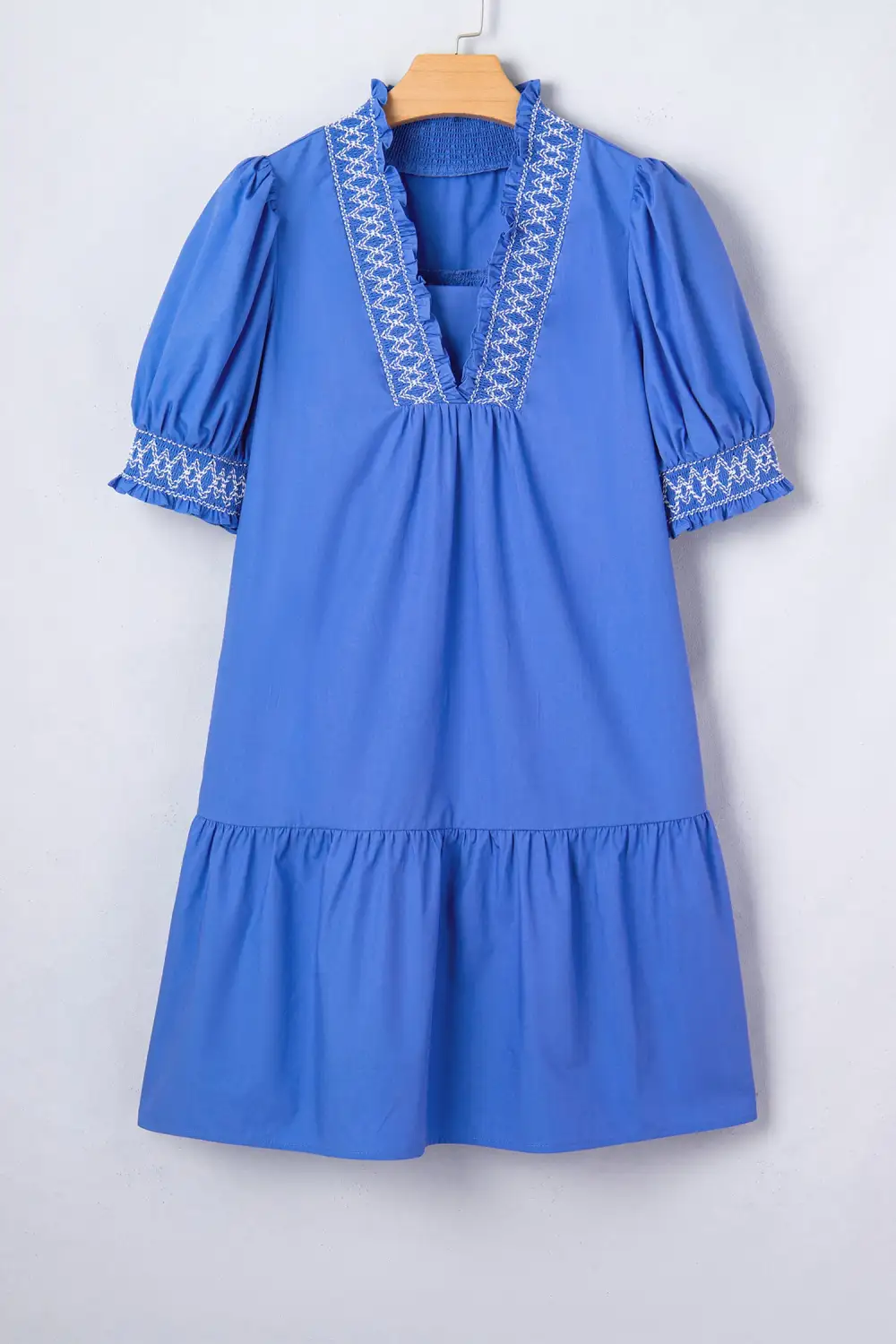 Embroidered V Neck Smocked Mini Dress