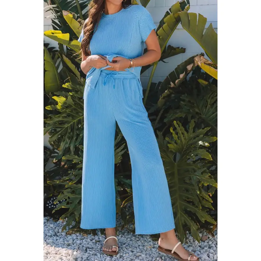 Ribbed Knit Round Neck Top and Pants Casual Set