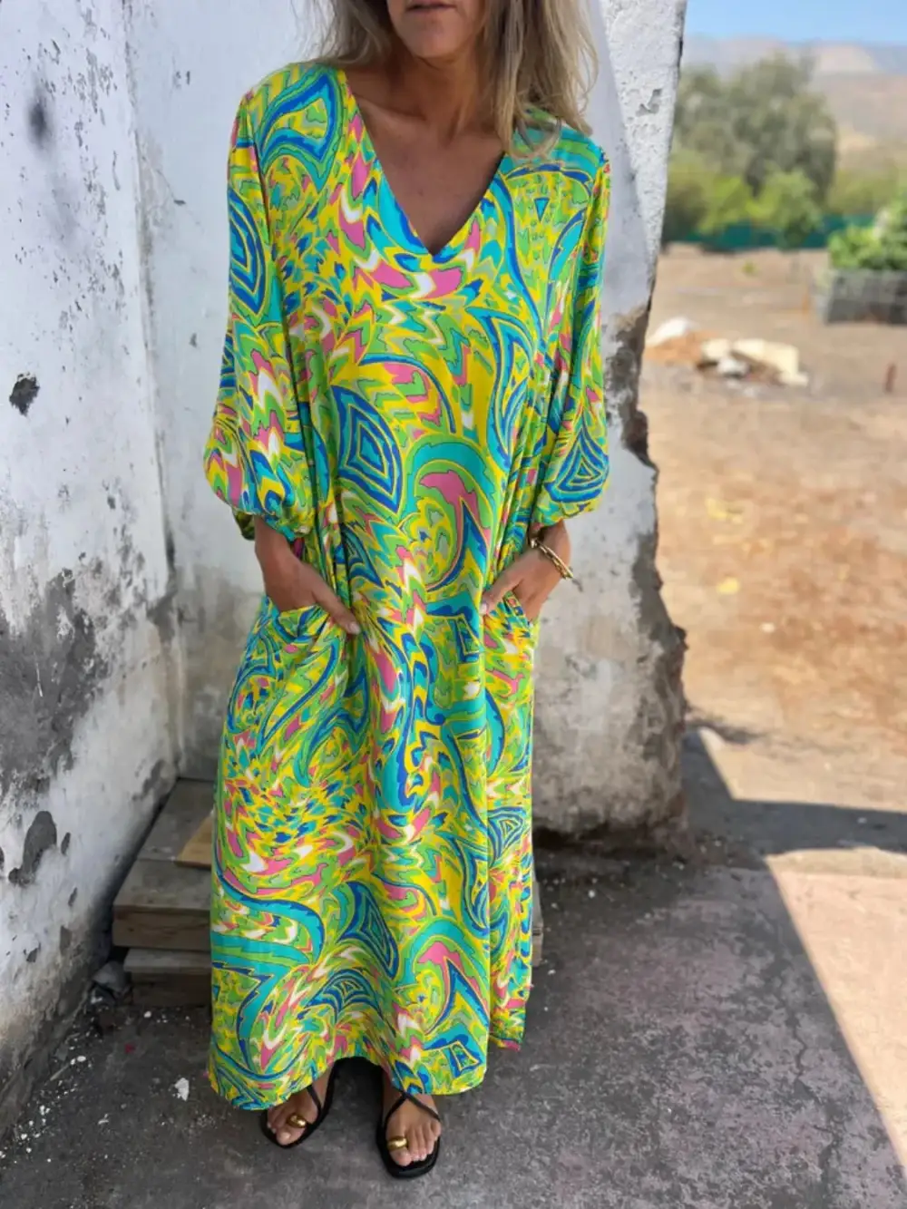 V-Neck Printed Midi Dress