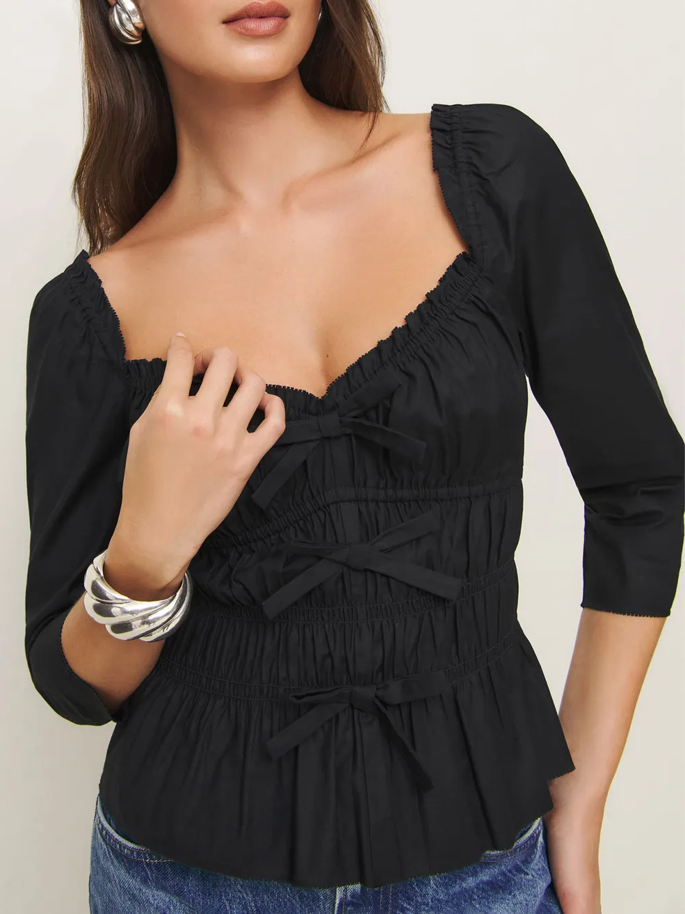 Ruched Square Neck Three Quarter Sleeve Blouse