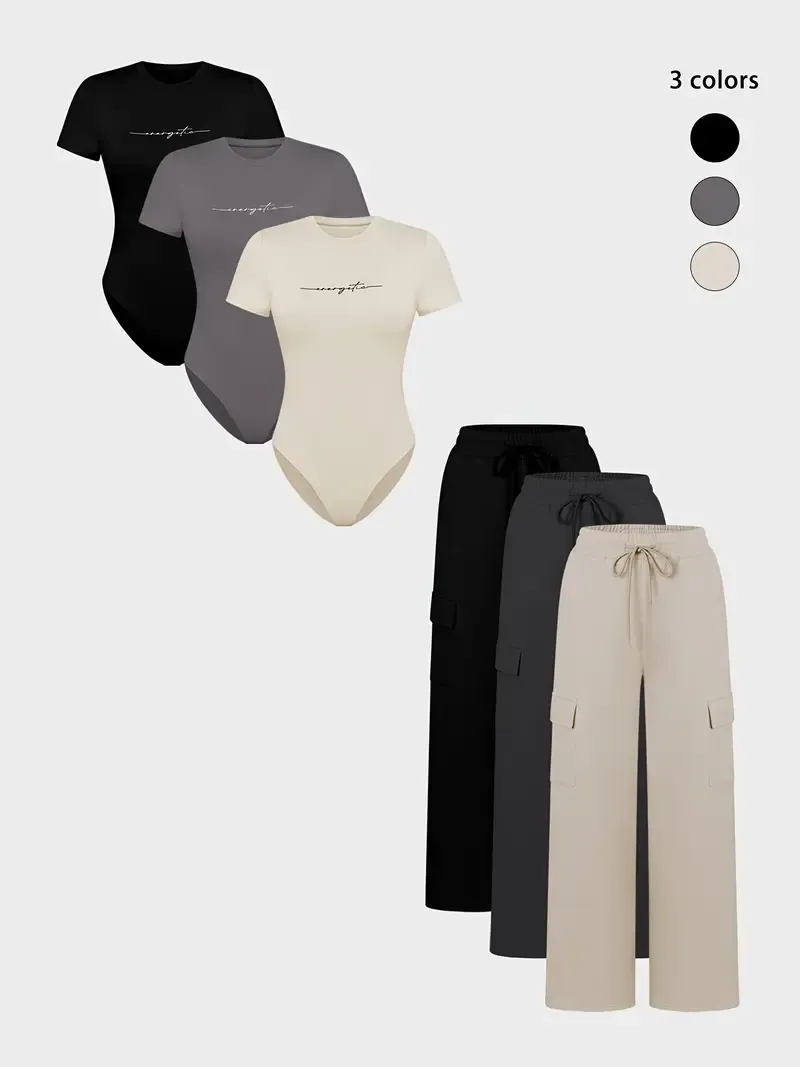 (3-SETS)Women'S Casual  Print Short Sleeve Round Neck TightJumpsuit And Waist Tie Wide Leg Pants With Pockets Set