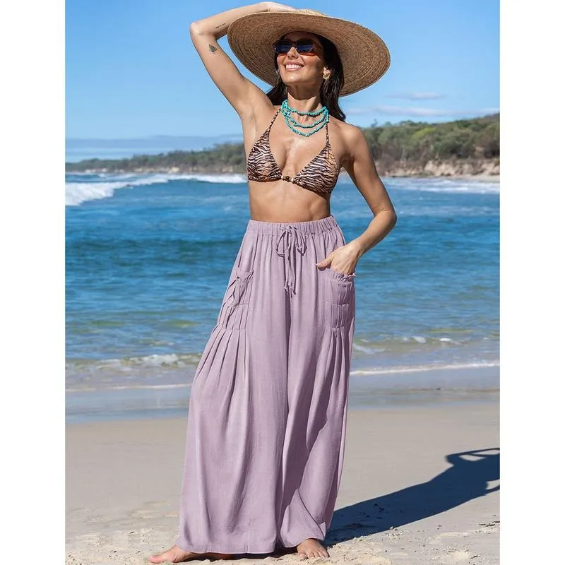 Women Linen Palazzo Pants Loose Fit Boho Wide Leg Summer Lounge Trousers Plus Size Drawstring Waist Casual Beach Travel Vacation Outfits woman wide leg pant