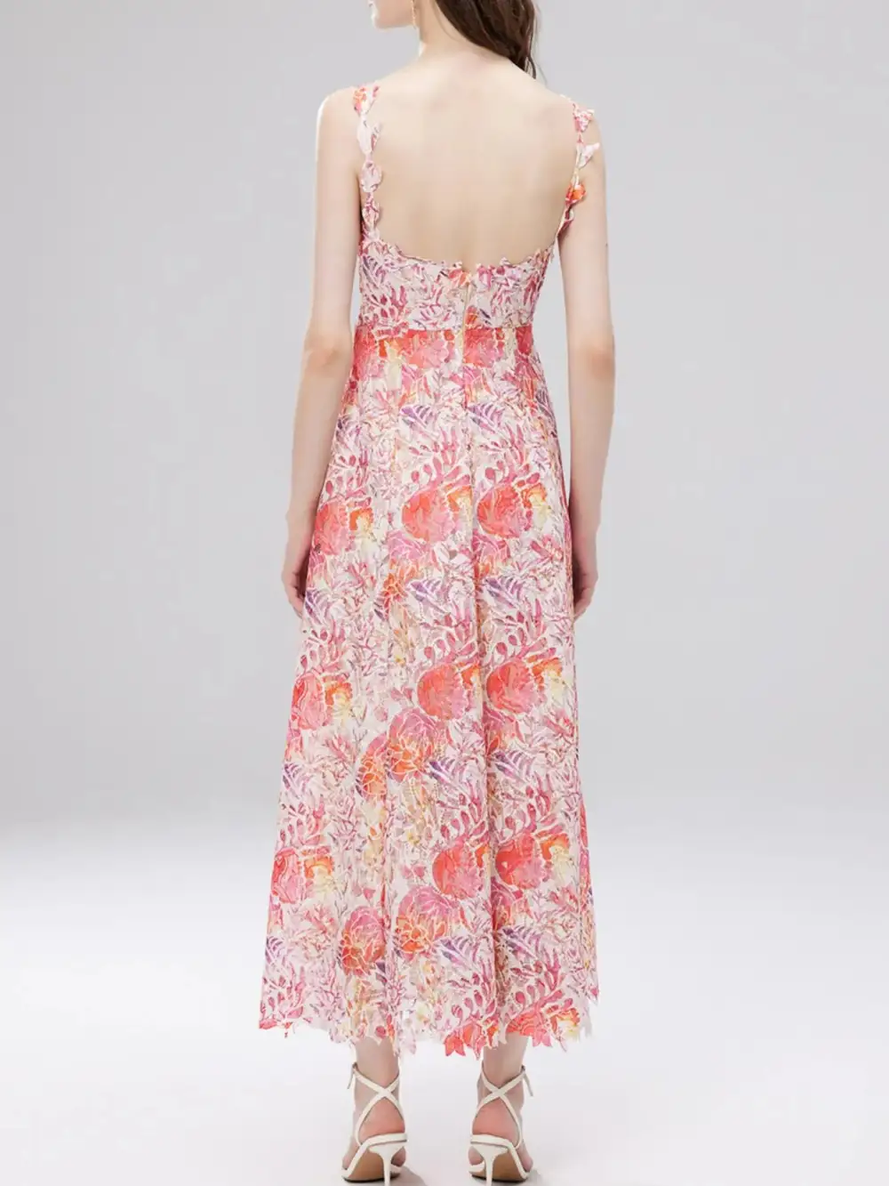 Floral Lace V Neck Midi Dress