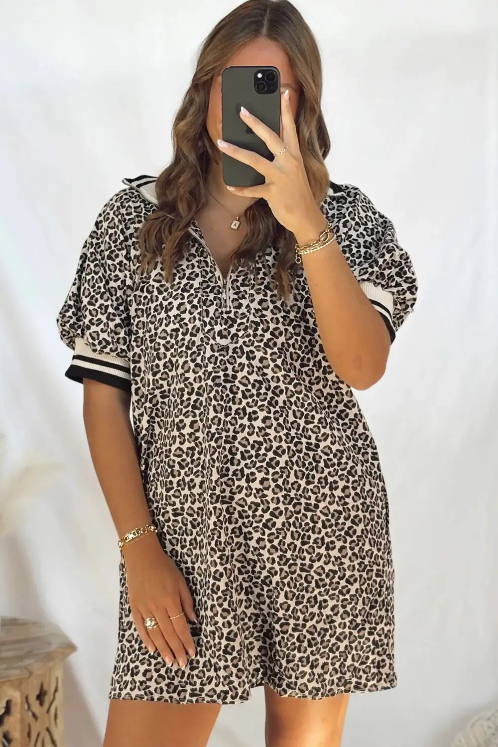 Striped Animal Print Zip Front Mini Dress