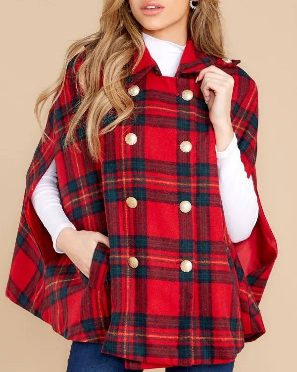 Red Plaid Cloak Coat For Women