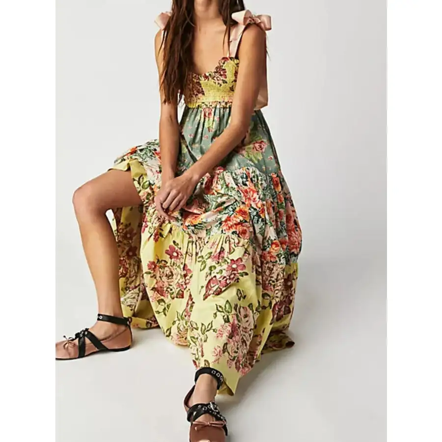 Printed V Neck Tie Shoulder Cami Dress