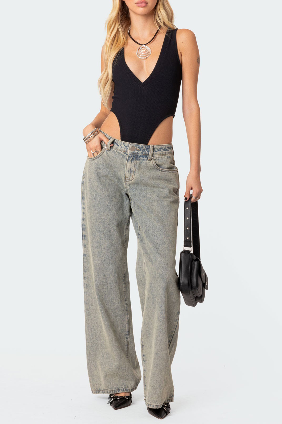 Balck High Cut Ribbed V Neck Bodysuit