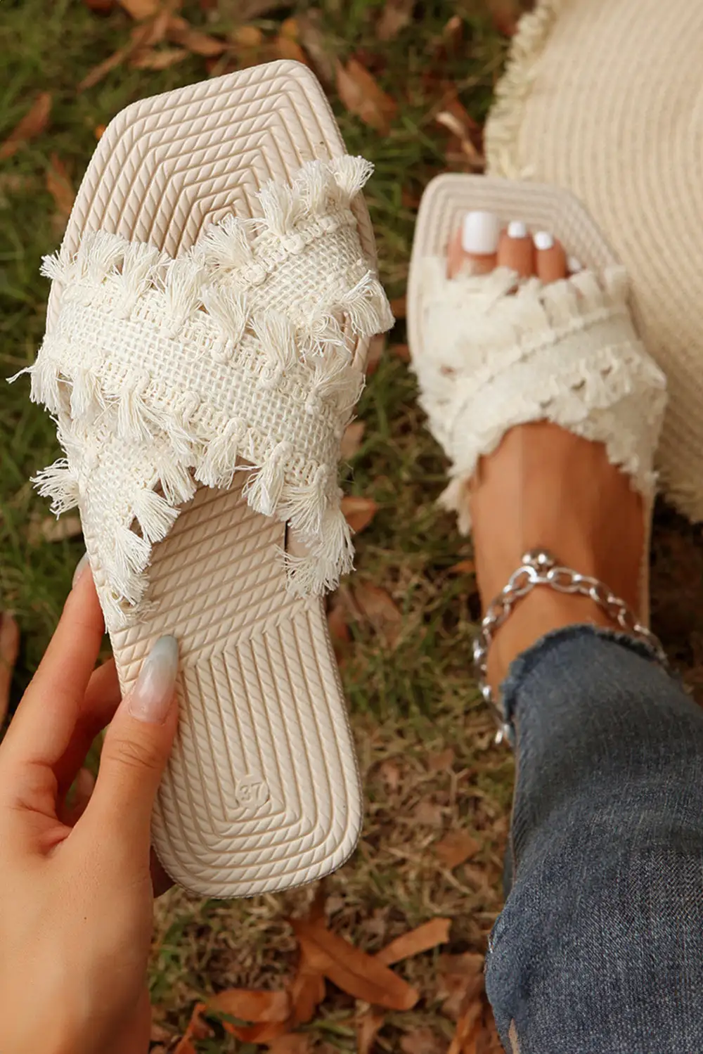 Tassel Woven Strap Flat Sandals