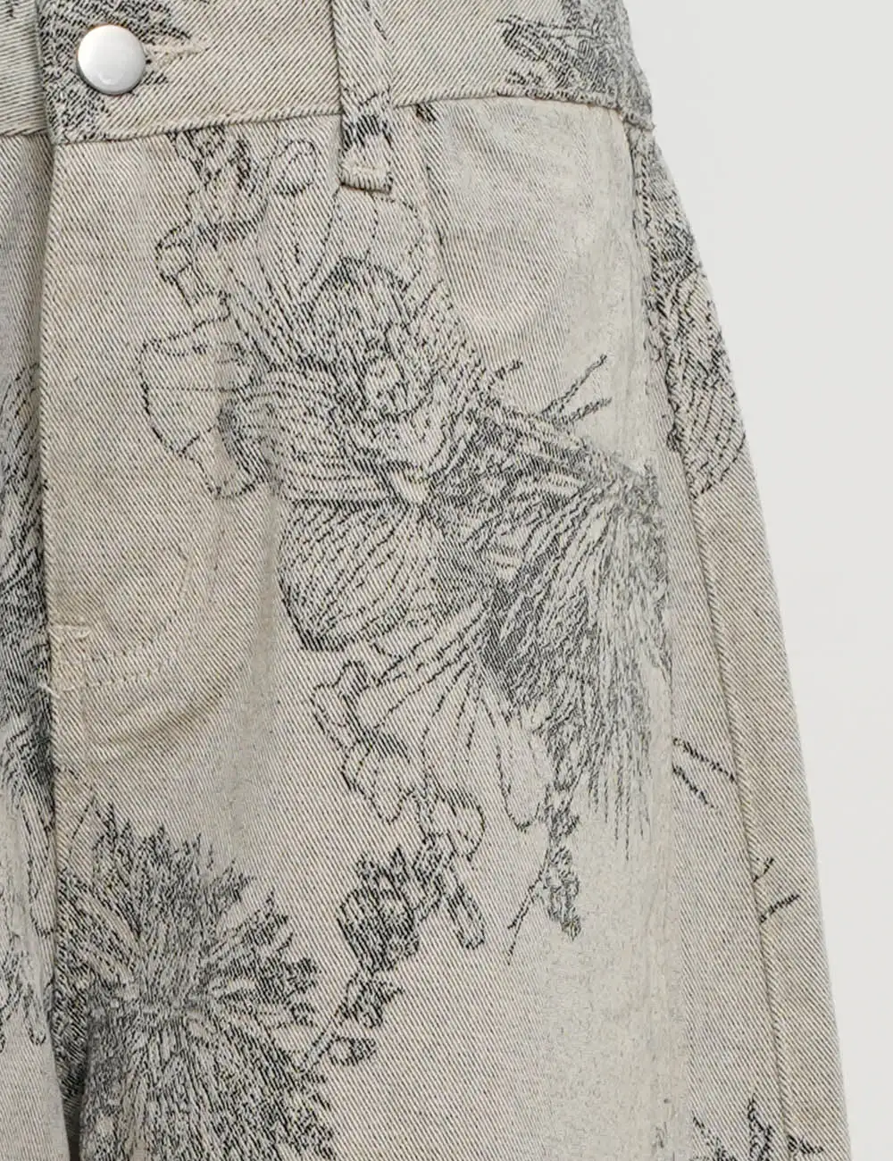Color Block Floral Print Pocket Barrel Leg Denim Pants