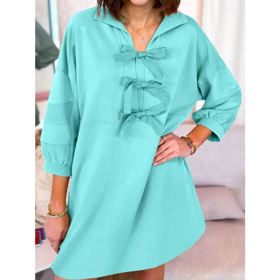 Bow Front Collared Side Pocket Shift Mini Dress