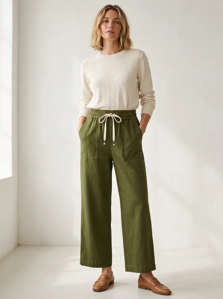 Women's Relaxed Wide Leg Adjustable Drawstring Waist Pants