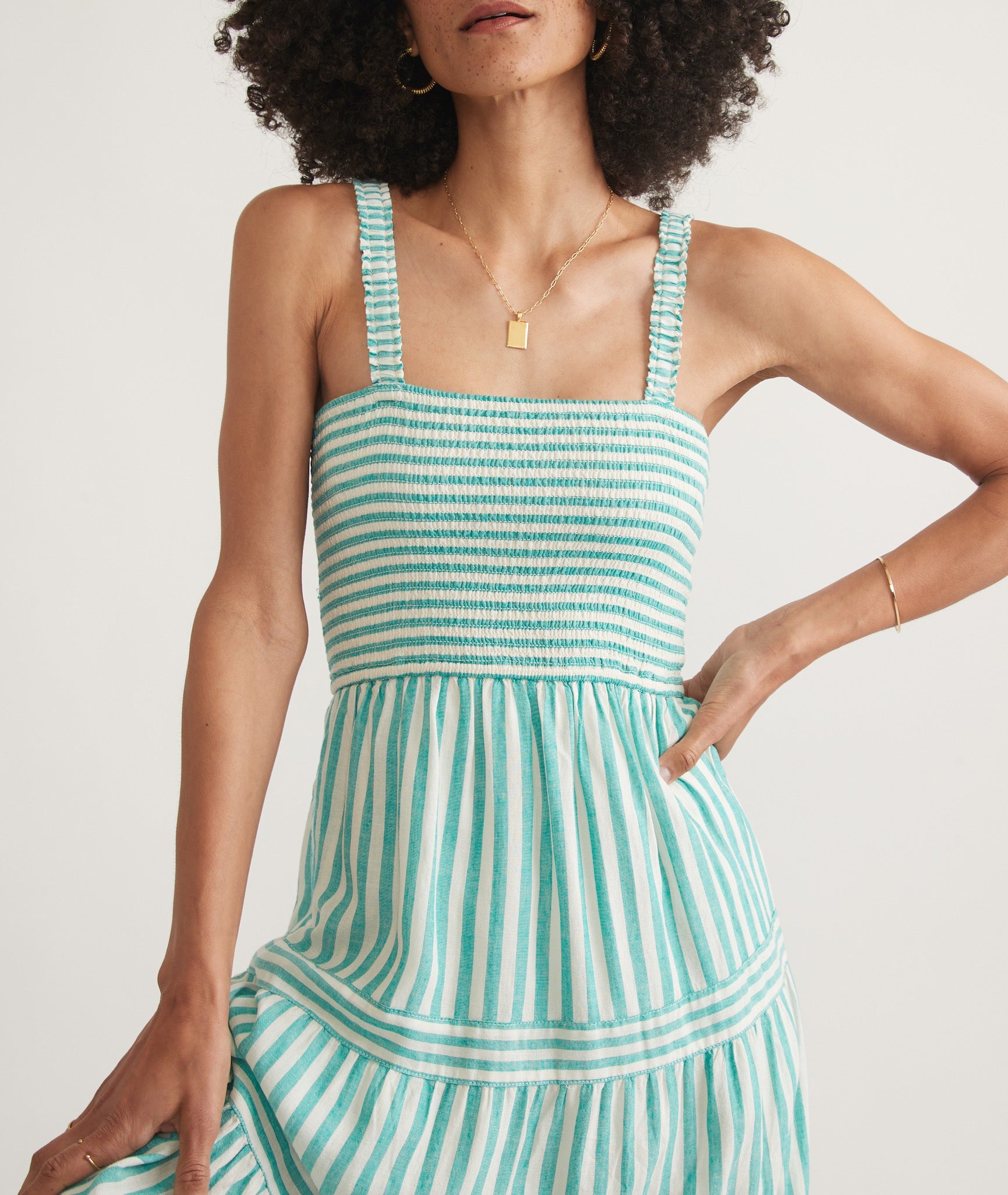 Turquoise Striped Tiered Midi Dress