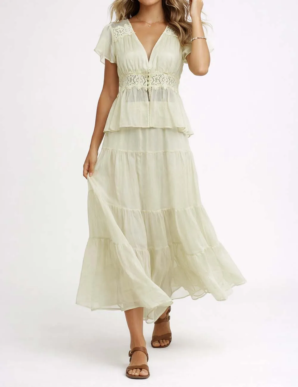 Lace Panel Button Front V Neck and Tiered Hem Midi Skirt Set