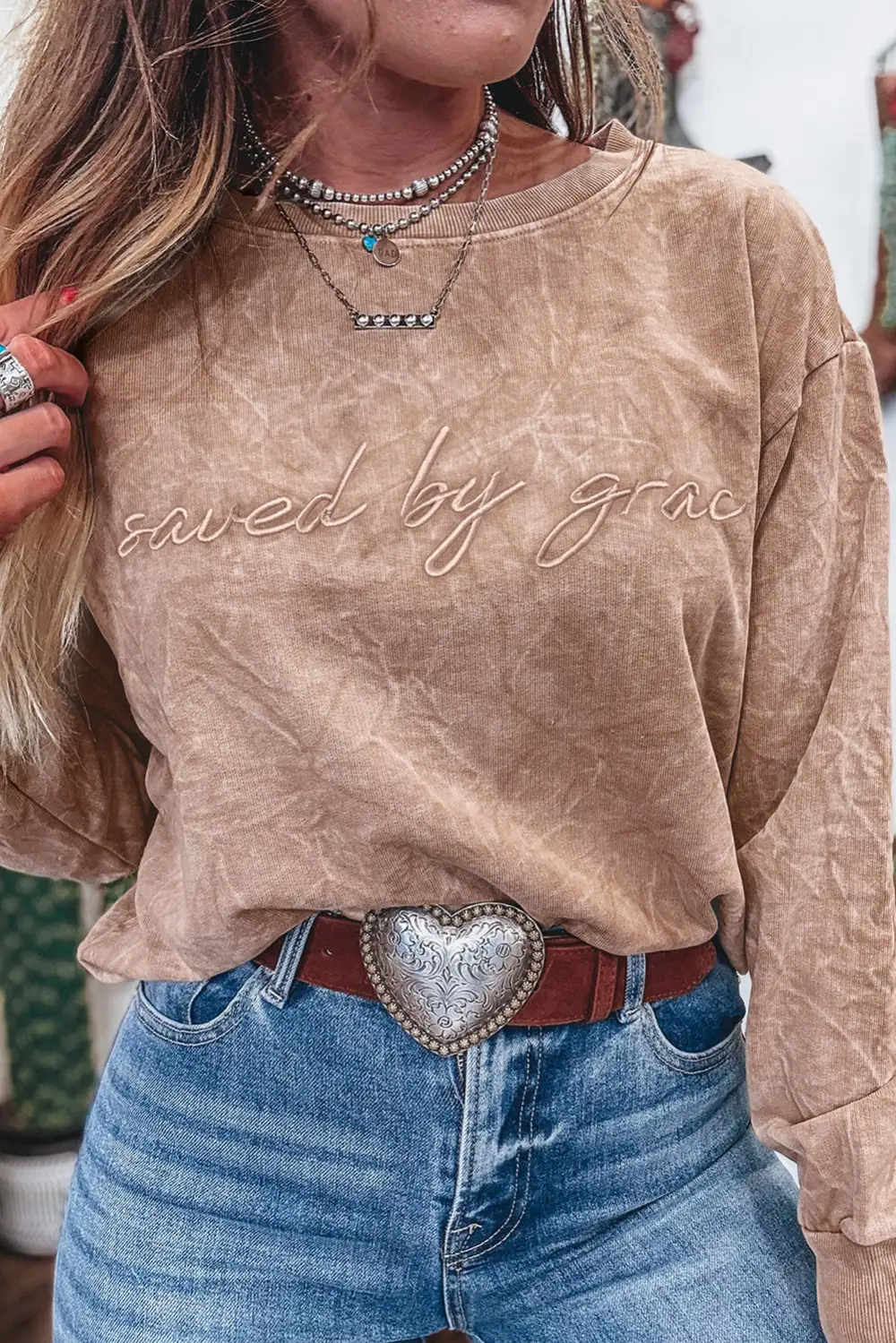 Laid Back Relaxed Embroidered Mineral Wash Letter Graphic Sweatshirt