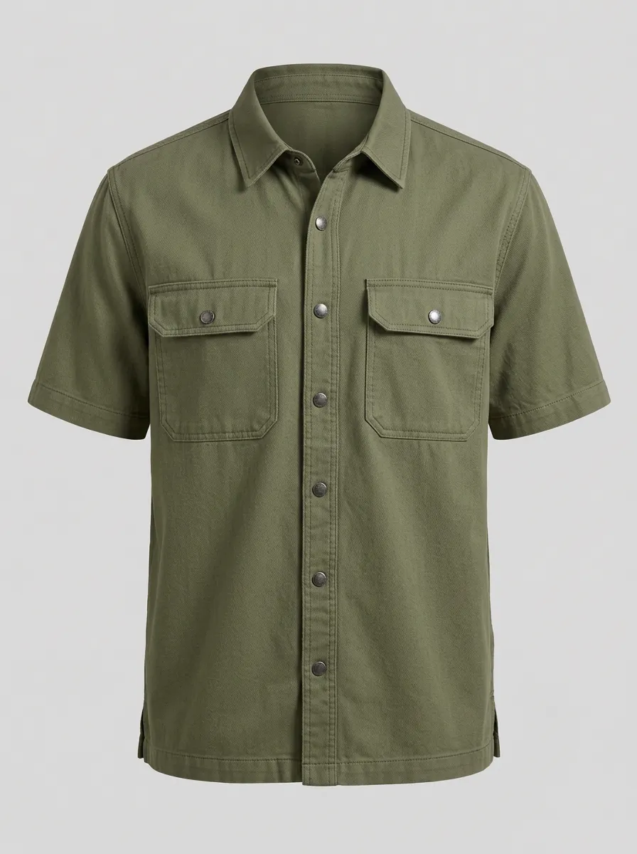 Men's Olive Green Tactical Utility Button Down Short Sleeve Shirt