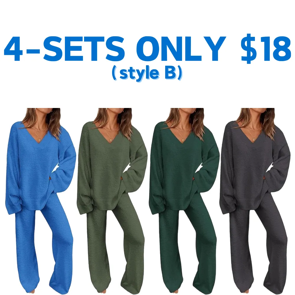 Women's 2-Piece Lounge Set Soft Chunky V Neck Tops& Wide Leg Long