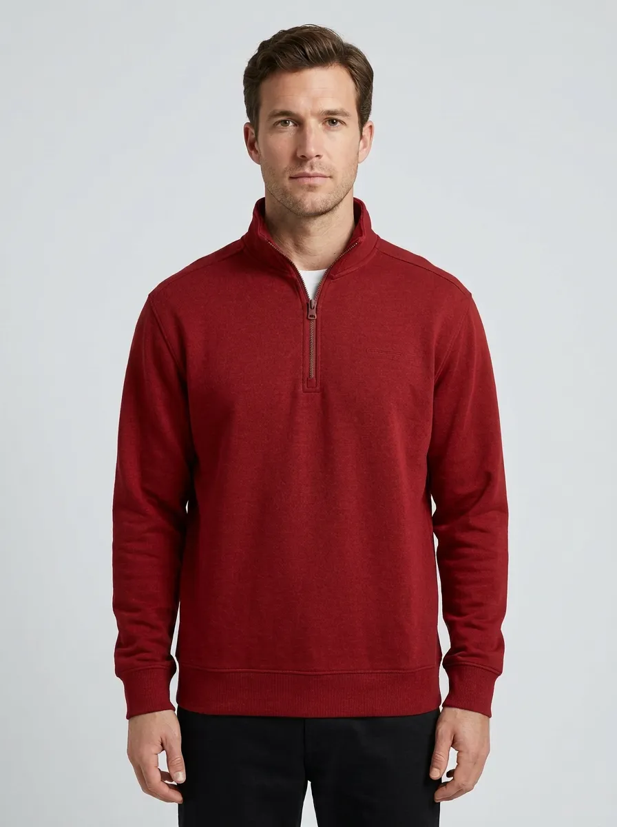 Men's Minimalist Textured Embroidered Stand-Collar Quarter-Zip Sweatshirt