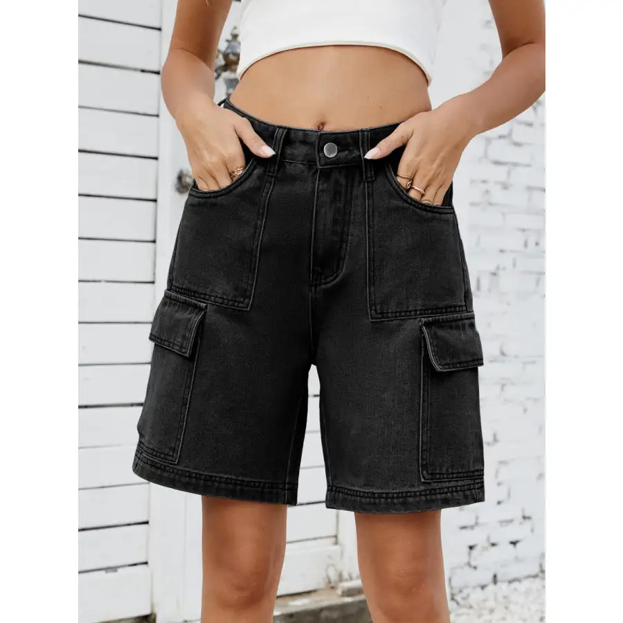 High Waist Denim Shorts with Cargo Pockets
