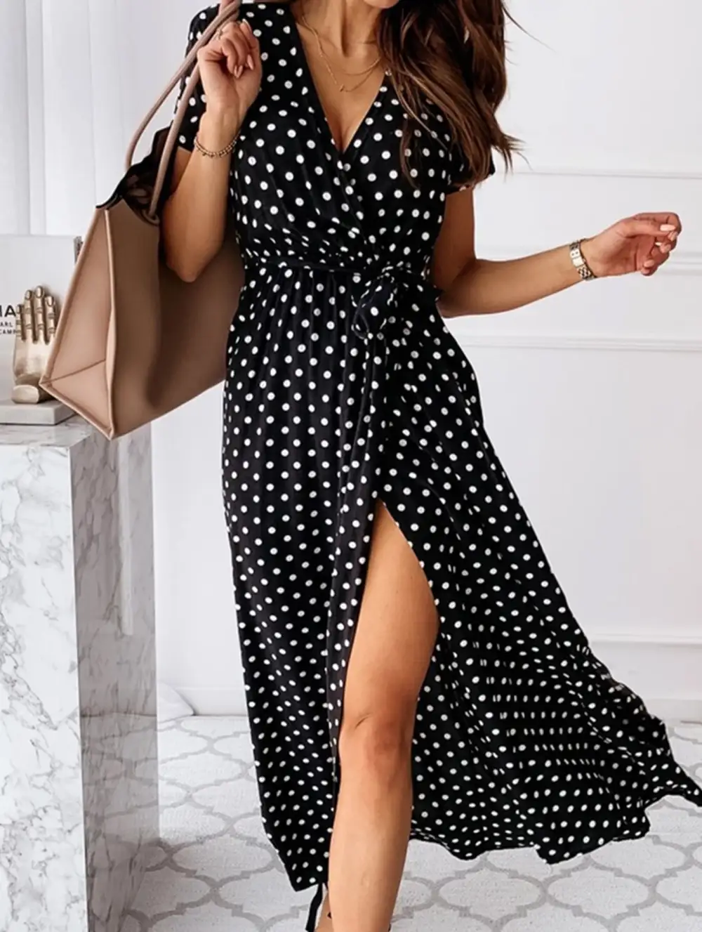 Bohemian V-Neck Polka Dot Dress Short Sleeve Flowy Fit