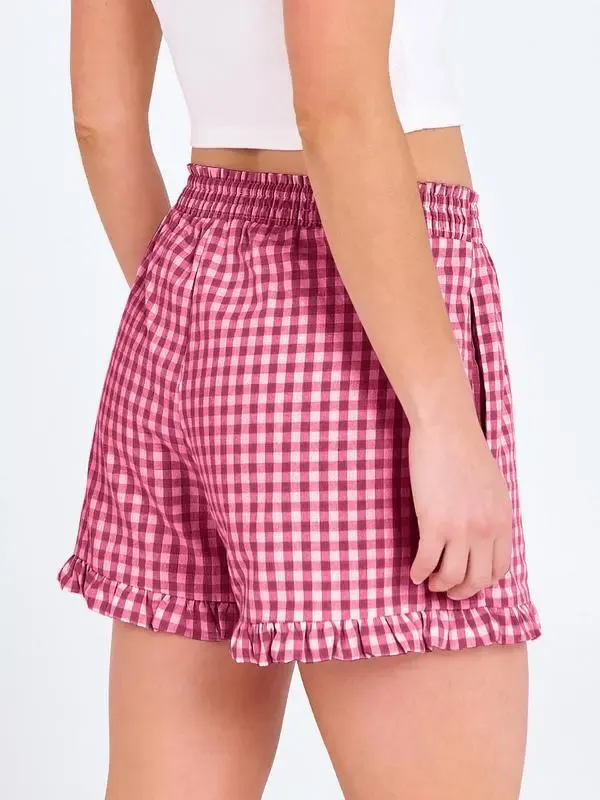 Women's Casual Lounge Sleep Plaid Ruffle Boxer Shorts Pajama Gingham Beach Bottoms Pockets