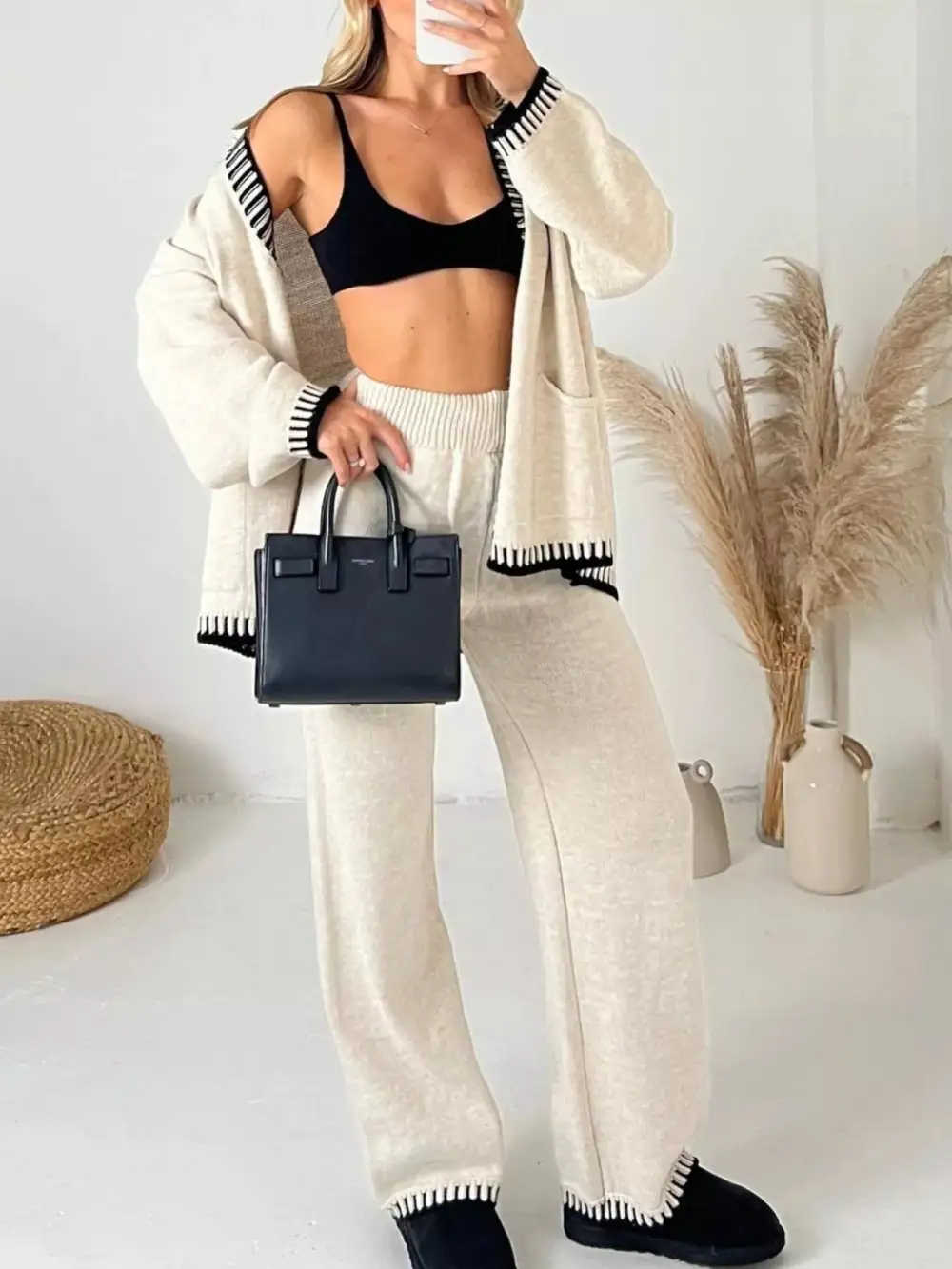 Button Up V Neck Cardigan and Pants Sweater Set
