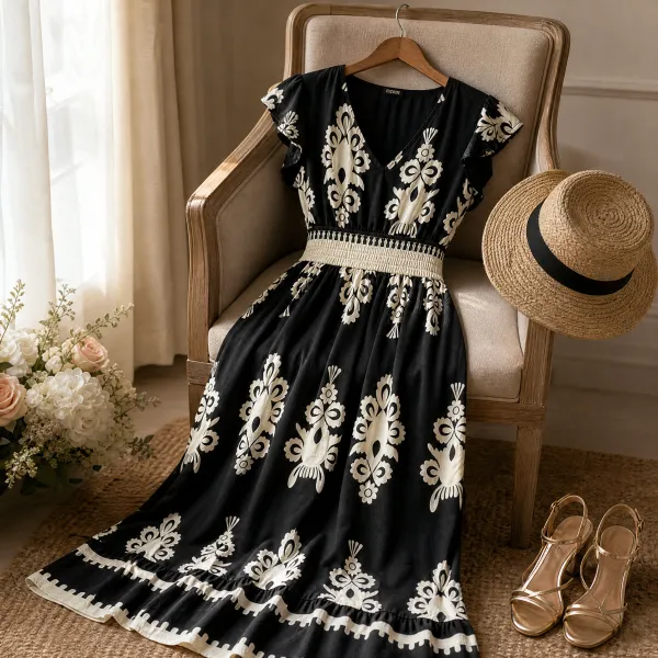 V Neck Printed Damask Midi Dress