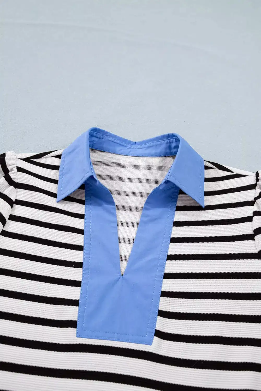 Striped Puff Sleeve Blouse Contrast Collar