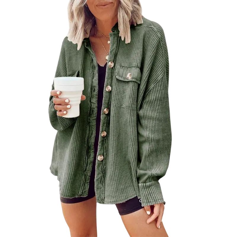 Women's Loose Fit Batwing Sleeve Waffle Knit Button Down Shirt