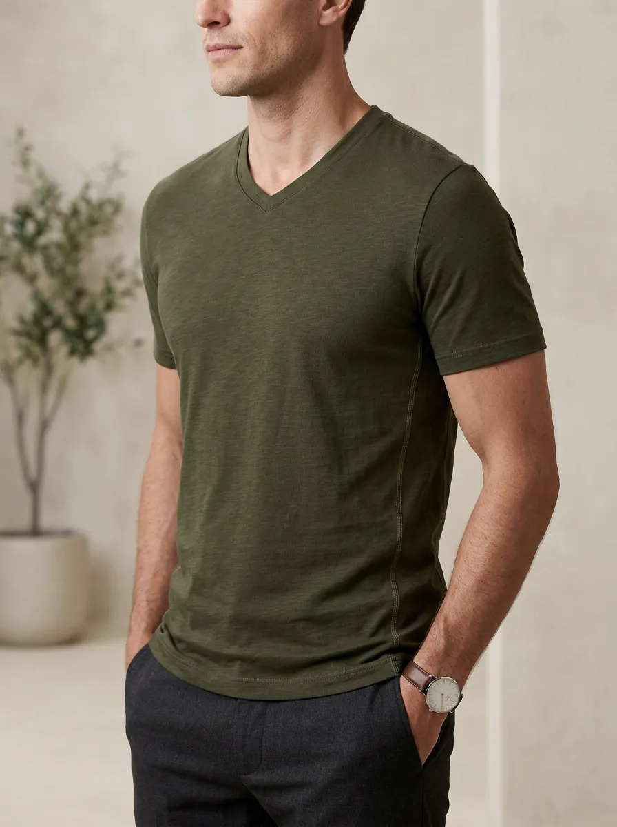 Refined V-Neck Finish Men's Slim Fit Short Sleeve T-Shirt
