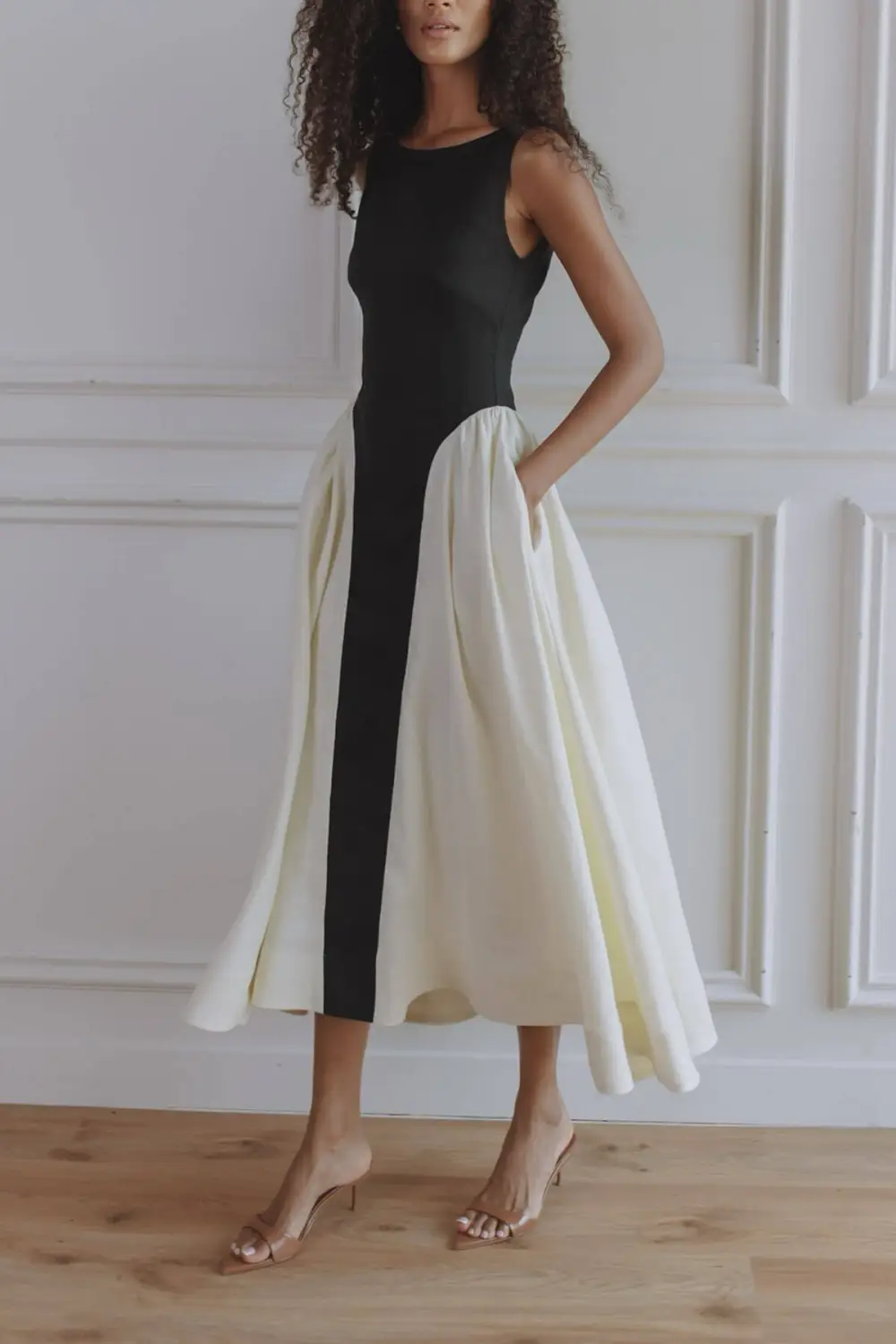 And Paneled Pleated Pocket Flared Midi Dress