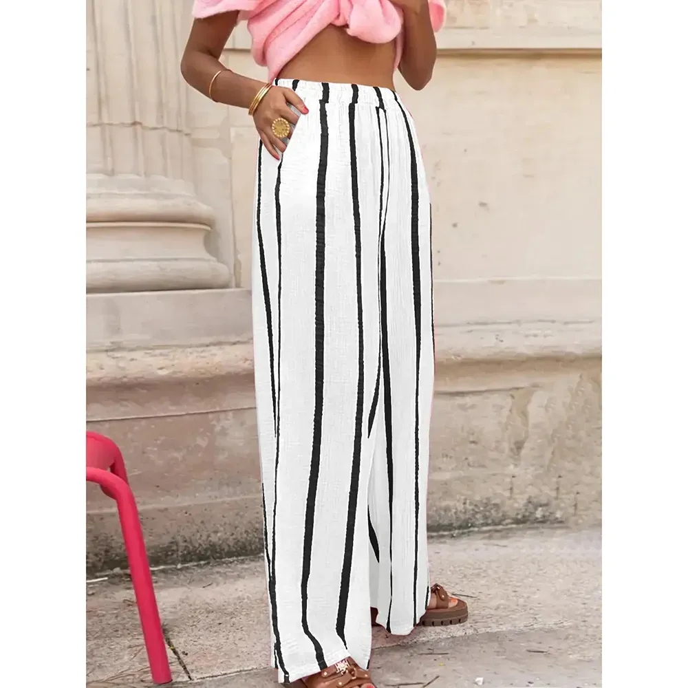 Women's Linen Striped Print Wide Leg Pants