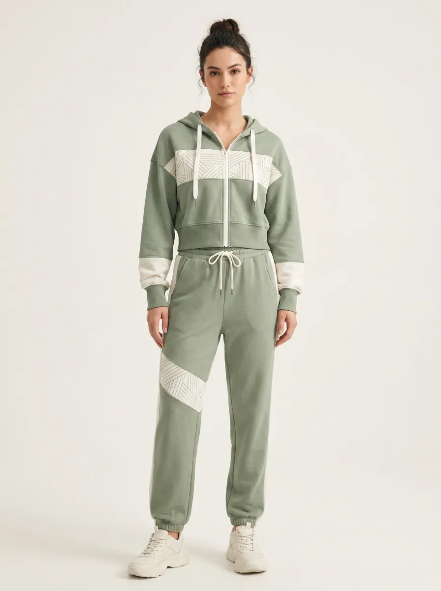 Women's Sage Green Geometric Pattern Printed Tracksuit Set
