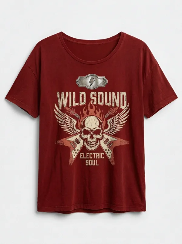 Unisex Rock Music Lover Winged Skull Electric Guitar Printed T-shirt