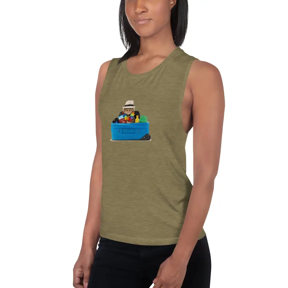 Graphic Ladies Muscle Tank Cat Tourist Tank Top
