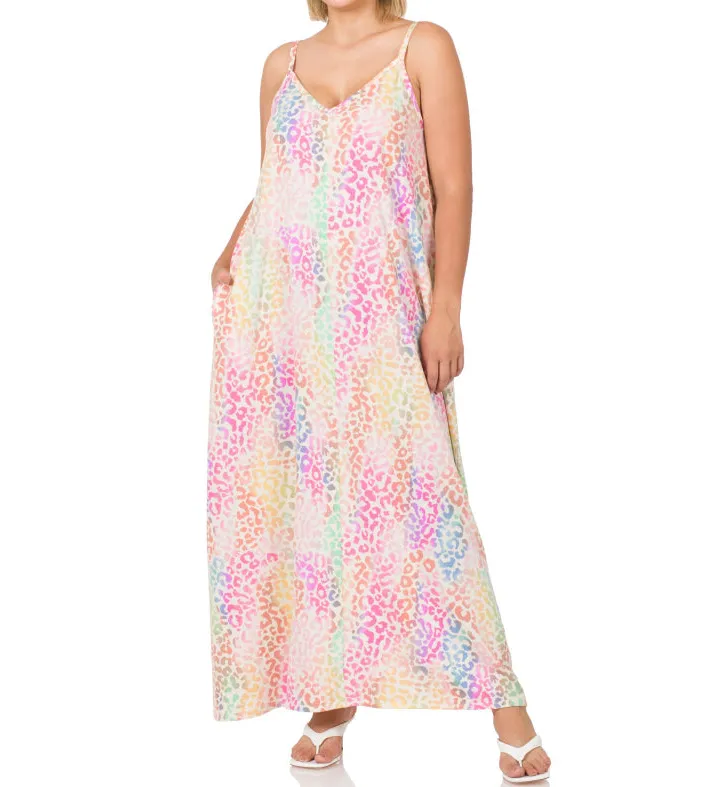 French Terry Rainbow V-neck Cami Maxi Dress with Pockets