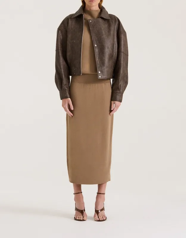 Taupe High Neck Knit Midi Dress