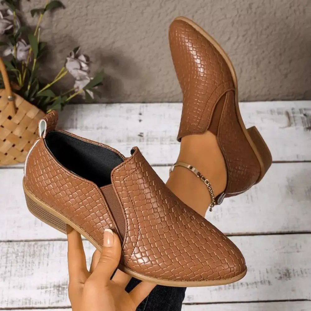 Textured Point Toe Block Heels Ankle Boots