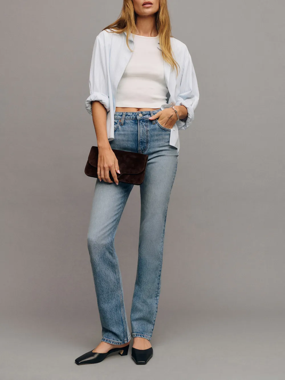 Stretch High Rise Straight Leg Jeans