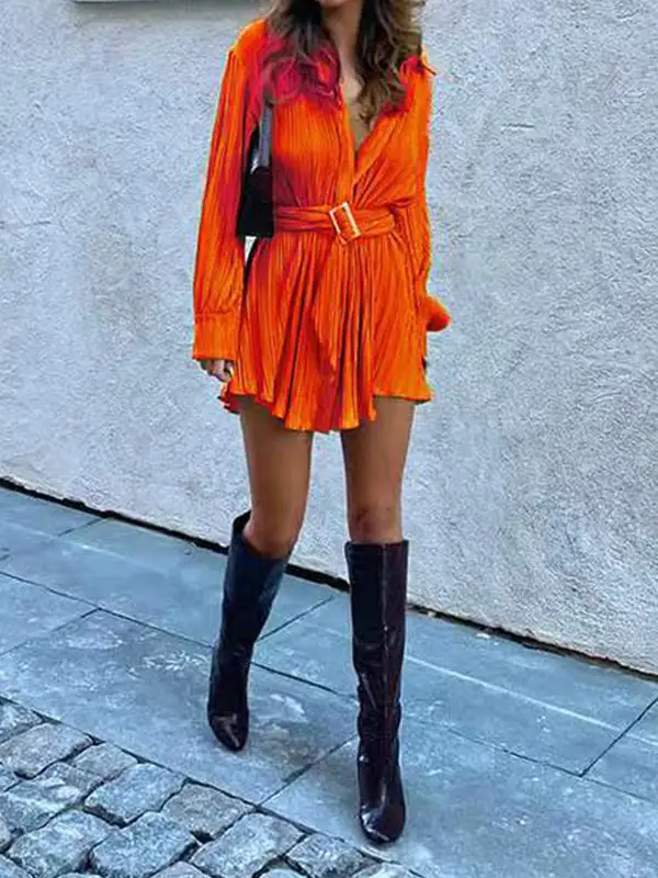 Long Sleeve Buttoned Pleated Solid Color Tied Waist Lapel Mini Dress