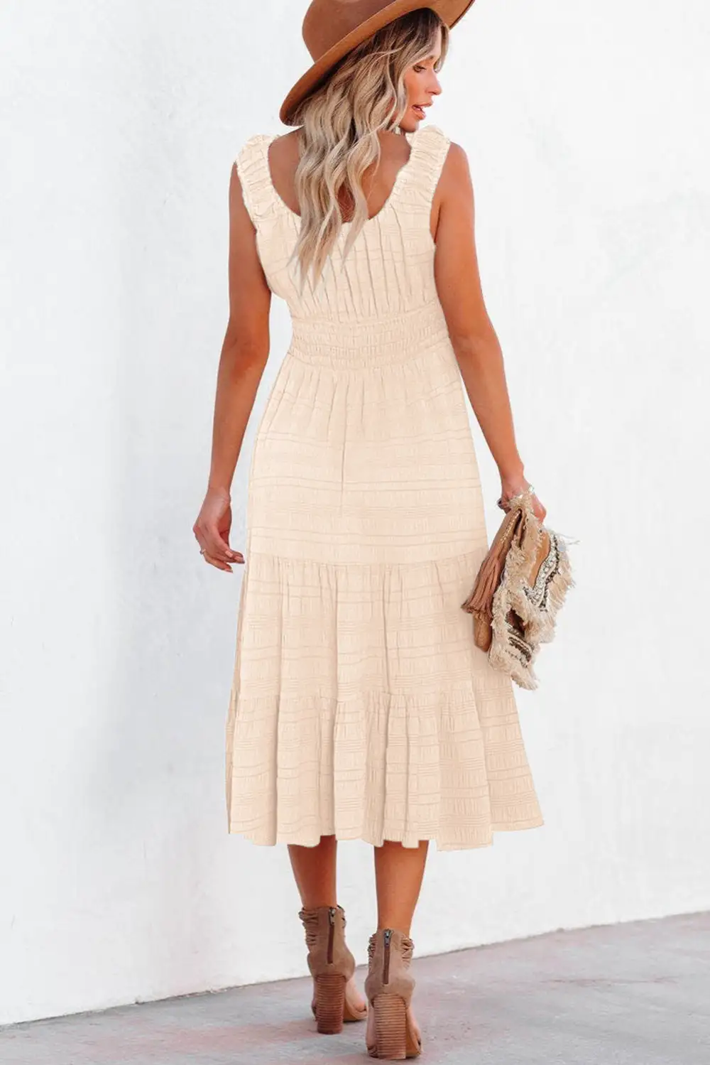 Soft Touch Square Neck Pleated Sleeveless Midi Dress