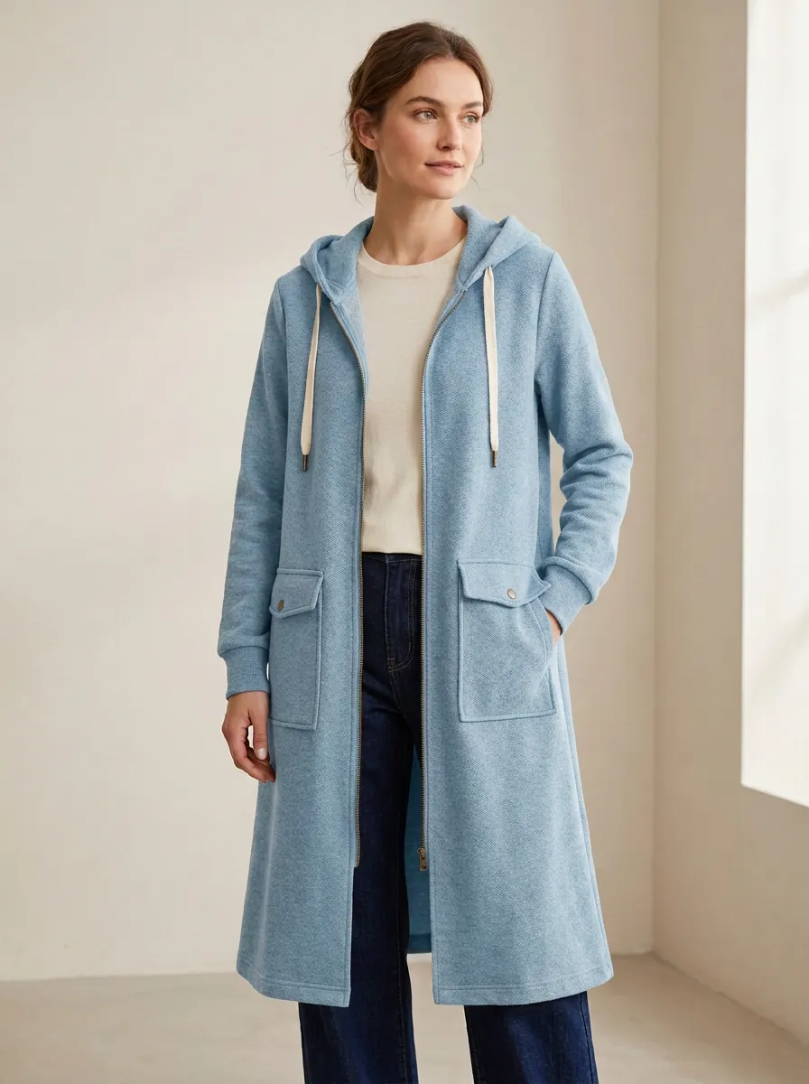 Streamlined-Layer Zip-Up Long Hooded Coat
