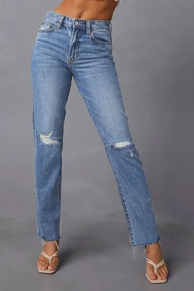 Balanced Straight Leg Raw Hem Distressed Denim Jeans
