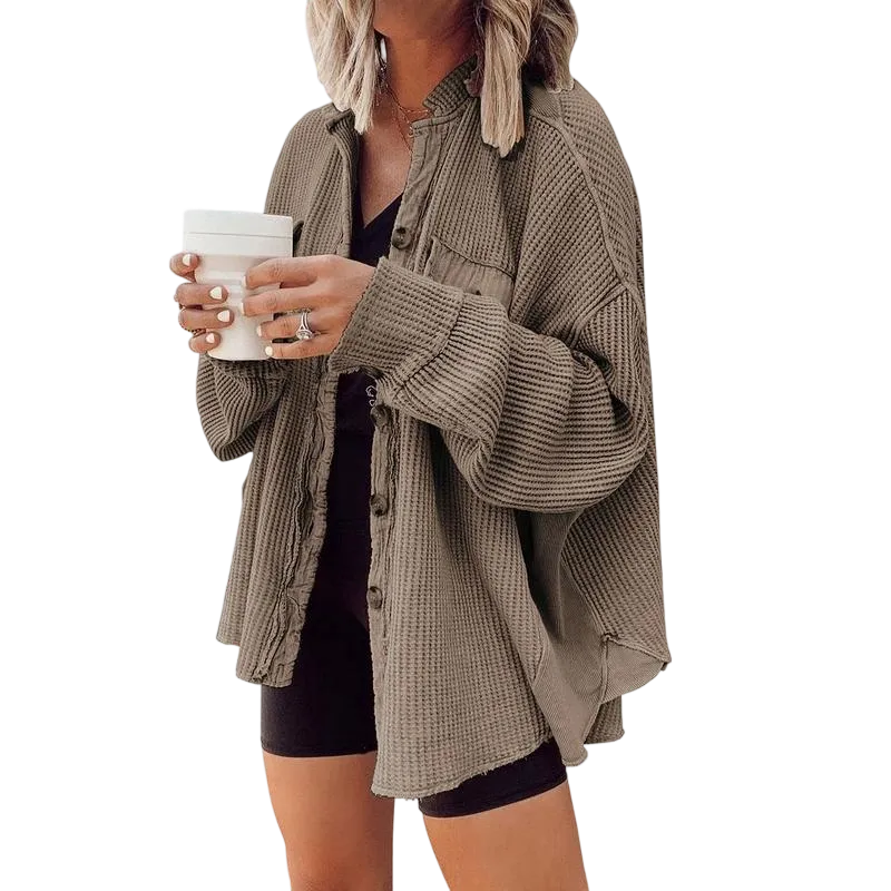 Women's Loose Fit Batwing Sleeve Waffle Knit Button Down Shirt
