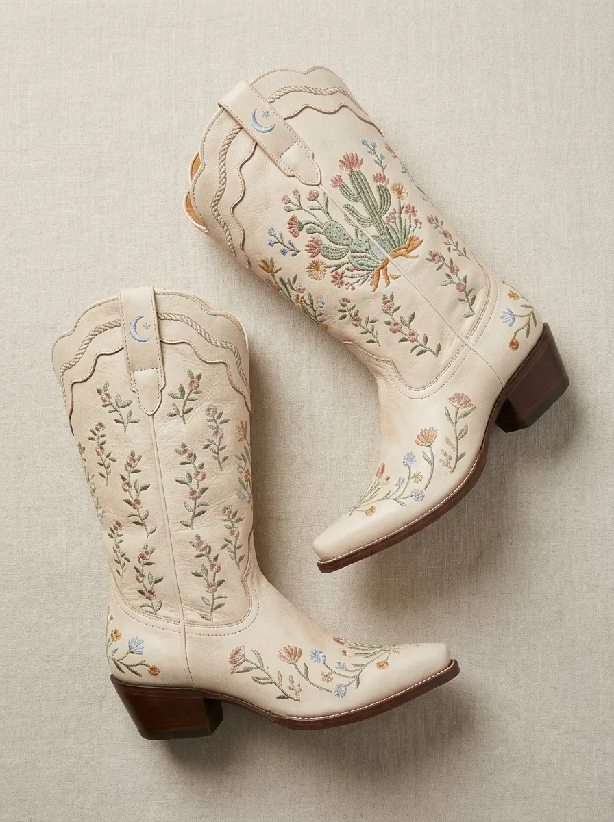 Women's Western Cowboy Cactus Floral Embroidery Floral Embroidered Cowgirl Boots