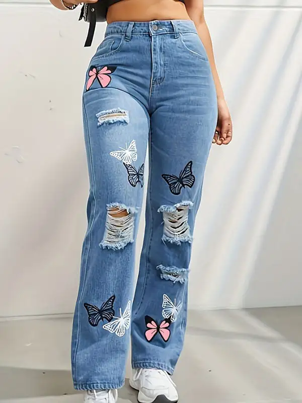 Butterfly Print Distressed Fringe Detail High Waist Seamed Jeans