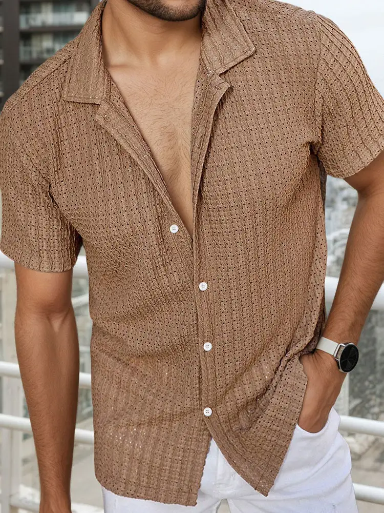 S Relaxed Hollow-Out Jacquard Knit Cuban Collar Shirt