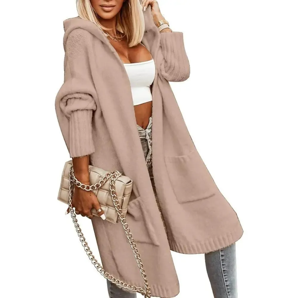 Women's Long Cardigans Cable Knitted Open Front Oversized Hooded Outerwear Sweater Coat